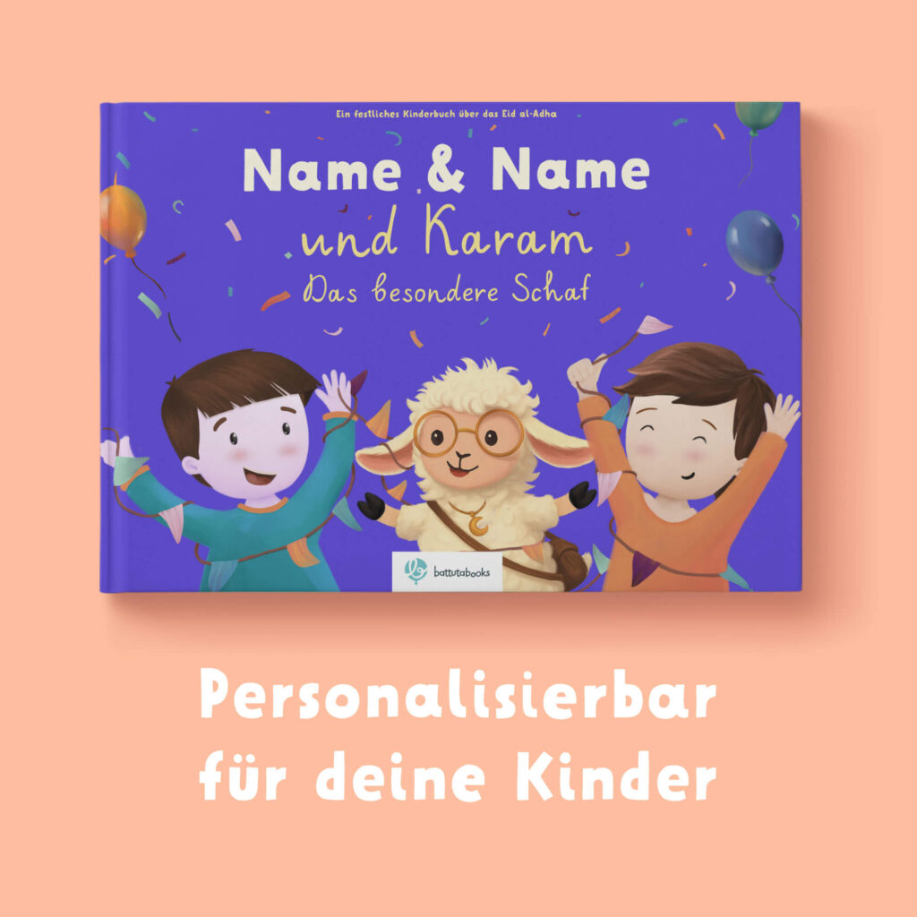 Islamisches Kinderbuch über das Opferfest - Personalisierbar für 2 Kinder und einem Elternteil